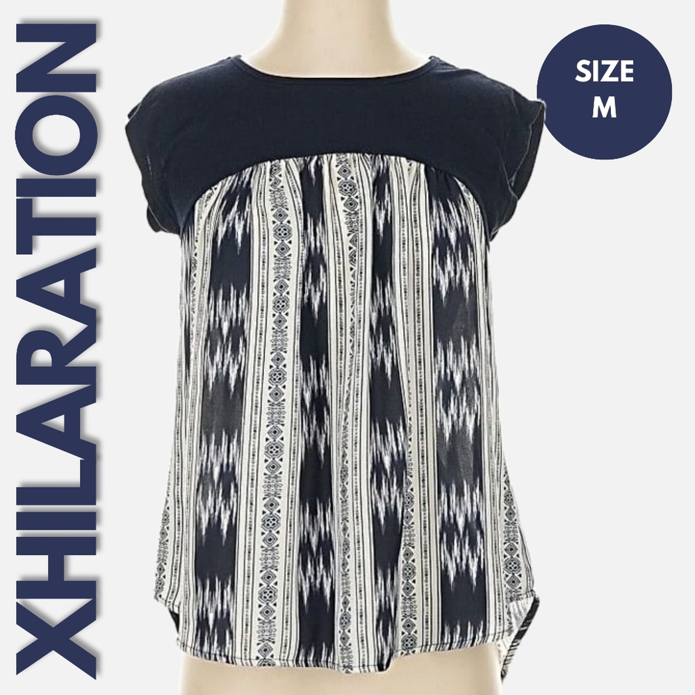 BOGO NWOT Xhiliration Short Sleeve Blue Boho Tribal Print Blouse Size M